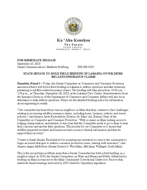 Press Release State Senate Field Briefing Lahaina Insurance Claims Page 1