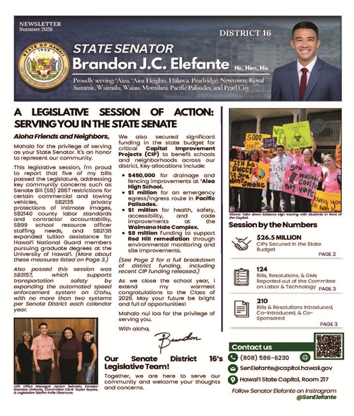 Image of page 1 of Senator Elefante's Summer 2026 newsletter