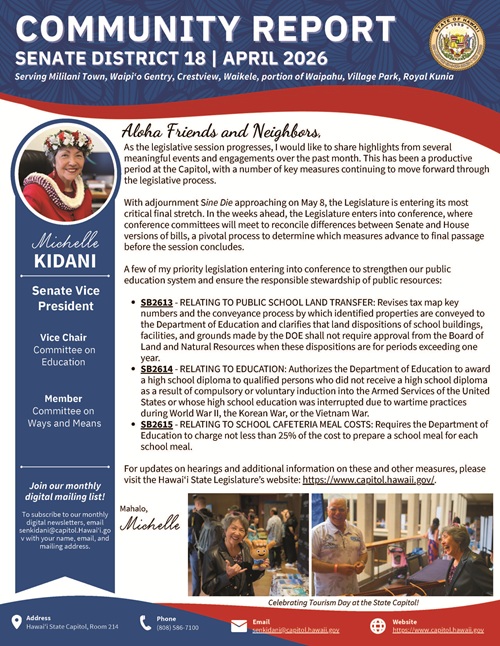 Image of page 1 of Senator Kidani's April 2026 newsletter