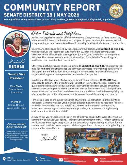 Image of page 1 of Senator Kidani's May 2026 newsletter
