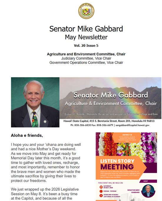 Image of the top of Senator Gabbard's May 2026 Newsletter