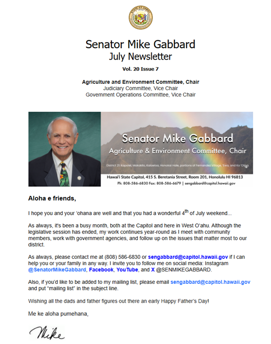 Image of the top of Senator Gabbard's July 2026 Newsletter