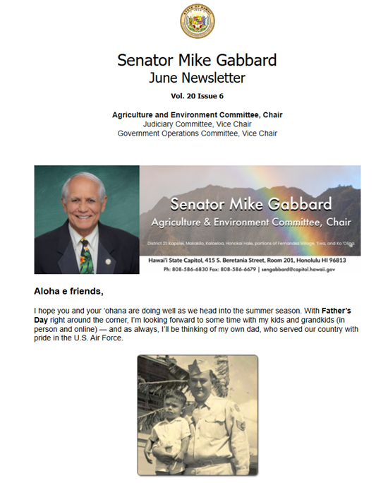 Image of the top of Senator Gabbard's June 2026 Newsletter