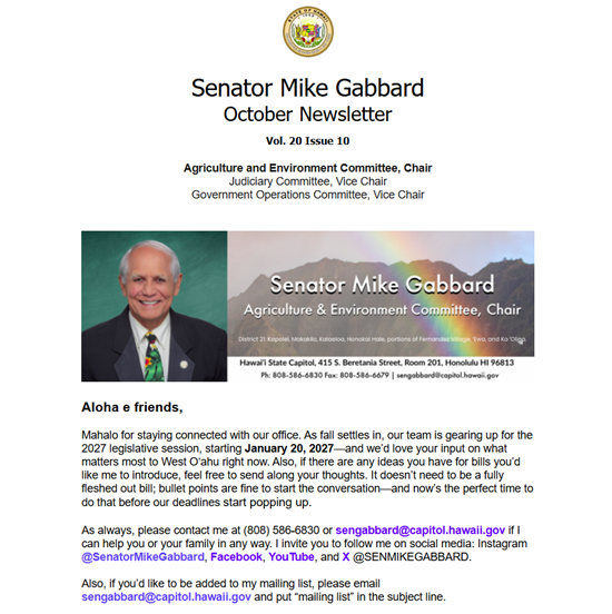 Image of the top of Senator Gabbard's October 2026 Newsletter