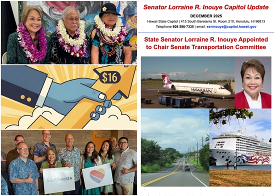 Newsletter graphic titled ‘Senator Lorraine R. Inouye Capitol Update – December 2025’ announcing her appointment as Chair of the Senate Transportation Committee, featuring photos of Senator Inouye with community members wearing leis, a Hawaiian Airlines airplane, a cruise ship, a highway roadway, a Southwest Airlines group photo, a portrait of the senator, and an illustration of a handshake with a $16 upward arrow.